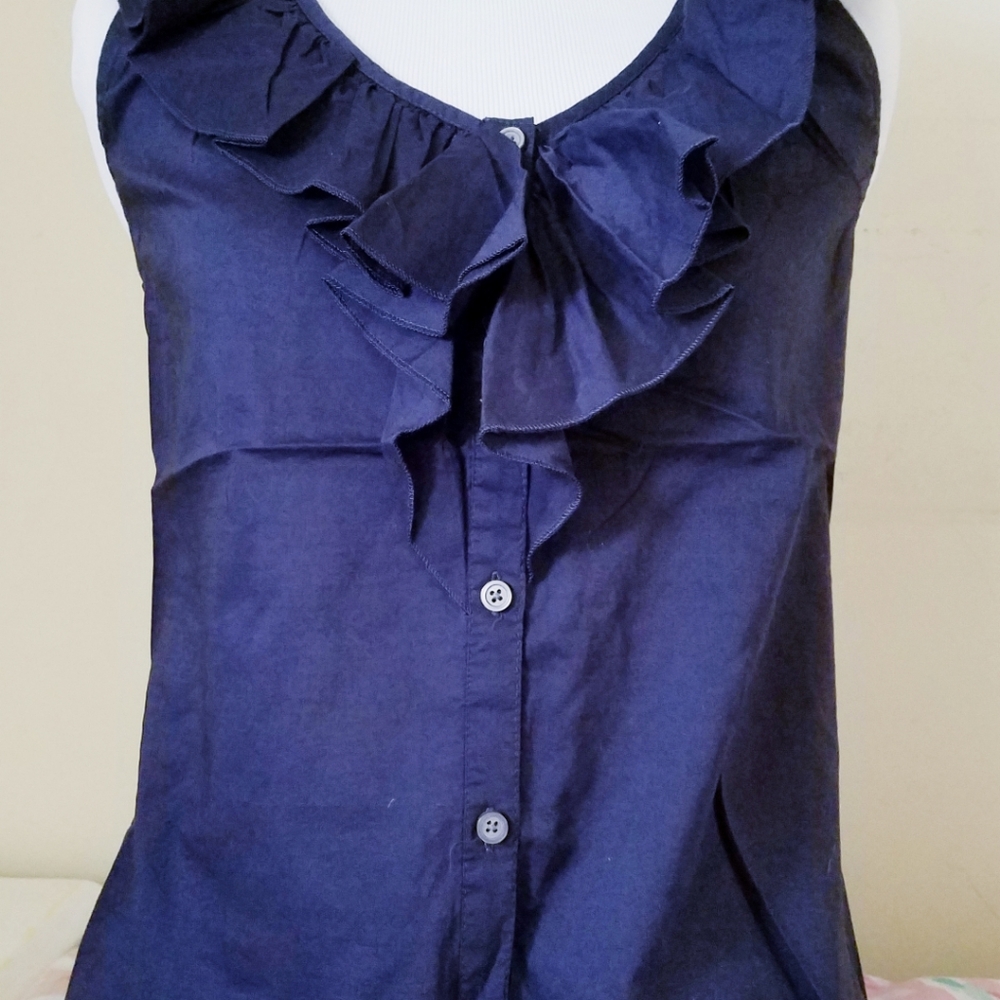 LOFT Navy Blue Ruffled Cotton Top